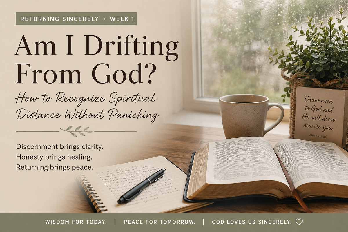 Open Bible and journal during a quiet Christian reflection about recognizing spiritual distance and returning to God.