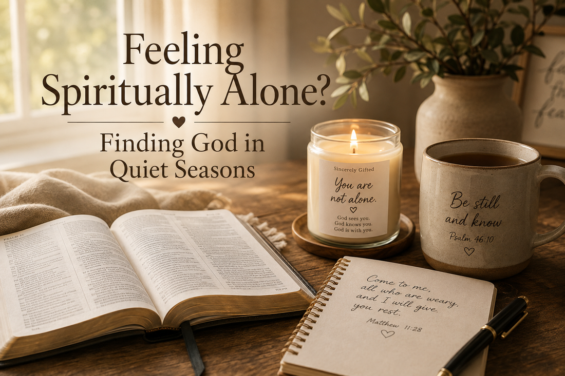 Open Bible, candle, and journal representing finding God during spiritually lonely and quiet seasons.