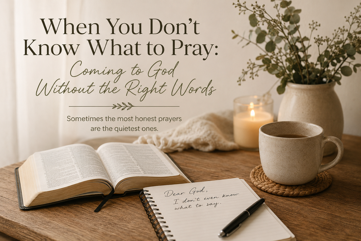 Open Bible and journal in a quiet devotional setting representing prayer when we don't know what to say to God.
